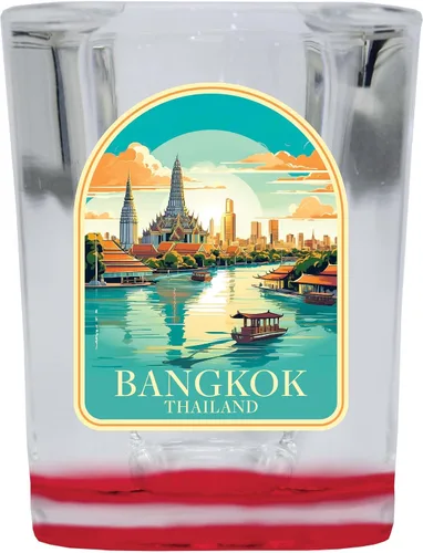 Vista 7 de Bangkok Thailand A Souvenir - Vaso de chupito cuadrado de 2.5 onzas, base azul, paquete de 2
