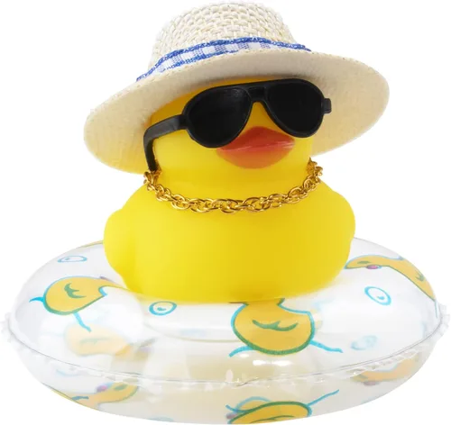 Vista 40 de wonuu Pato de goma para automóvil, decoración de pato amarillo con sombrero para el sol, anillo de natación, collar, gafas de sol para decoración
