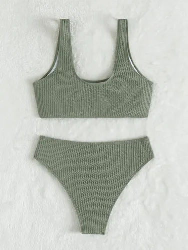 Vista 7 de GORGLITTER Conjunto de bikini de cintura alta para mujer, 2 piezas, cuello redondo, top corto, traje de baño