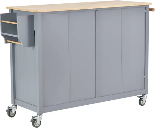 Vista 5 de LUMISOL Carrito móvil de isla de cocina con gabinete sobre ruedas, carrito rodante con tapa de madera de caucho, cajones, toallero y estante