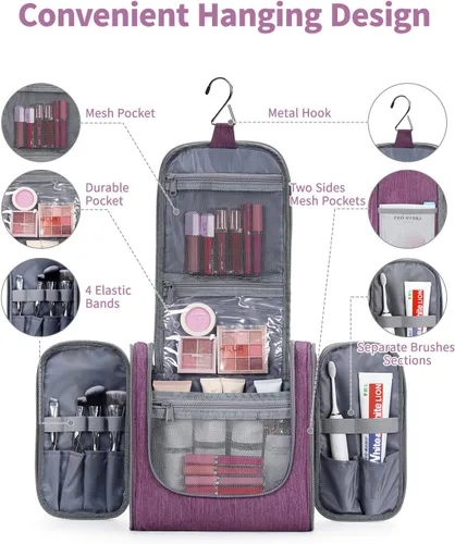 Vista 2 de Narwey - Neceser de viaje colgante, organizador de maquillaje y productos cosméticos para mujeres y hombres, Aa-morado., L