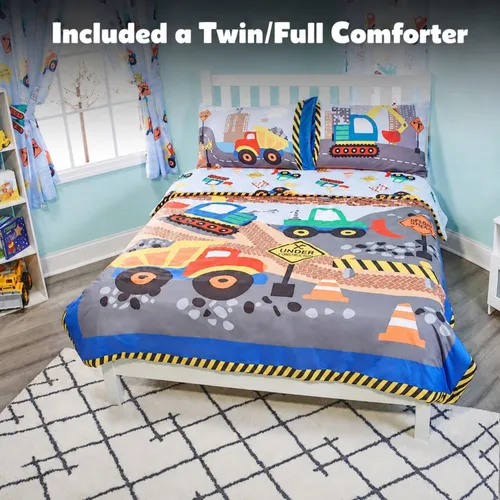 Vista 4 de EVERYDAY KIDS Edredón de cama tamaño individual/matrimonial para niños pequeños con camiones volquete y excavadoras; ropa de cama para niños