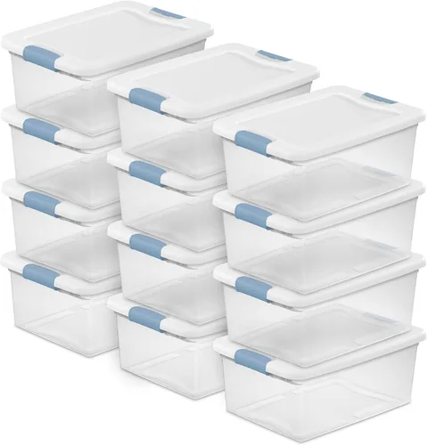 Vista 28 de Sterilite - Paquete de 12 contenedores de almacenamiento con pestillo para debajo de la cama, con tapas, de plástico transparente, 6 cuartos
