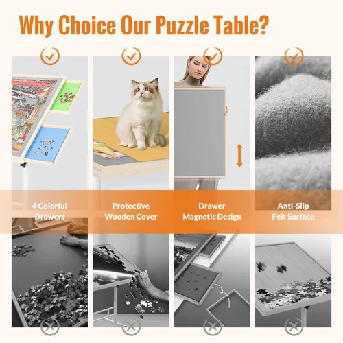 Vista 11 de Mesa de rompecabezas de 1500 piezas con cajones y cubierta – Altura ajustable y patas inclinables, tablero de rompecabezas portátil sin ensamblaje