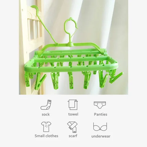 Vista 3 de Percha plegable para secar la ropa sucia, perchas con 32 clips, colgador de clip para secar ropa interior, ropa de bebé, calcetines, brasier Verde