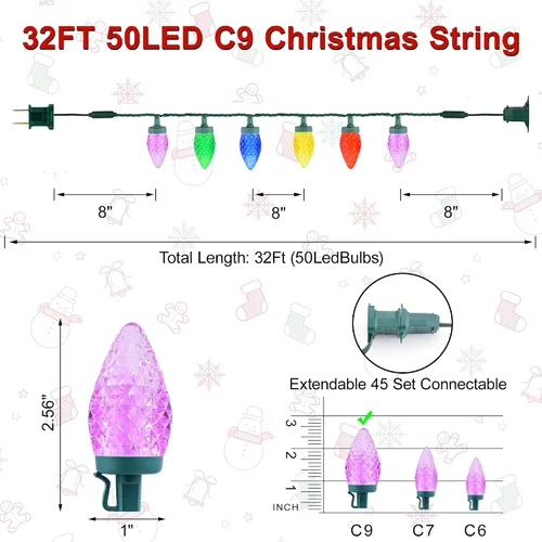 Vista 5 de Luces de Navidad C9 LED para exterior, 50 LED, 32 pies, luces de cadena C9 para bombillas de fresa de Navidad, enchufables, conectables