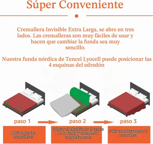 Vista 2 de Juego de funda de edredón, cremallera de 3 lados, funda nórdica 100% algodón, cambio simple