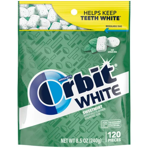 Vista 3 de ORBIT WHITE - Goma de mascar sin azúcar, sabor menta dulce, bolsa de 120