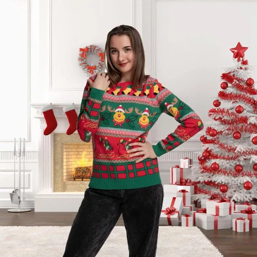 Vista 6 de Fancyqube - Suéter de Navidad para mujer, diseño de renos feos, copos de nieve, cuello redondo, punto de Navidad