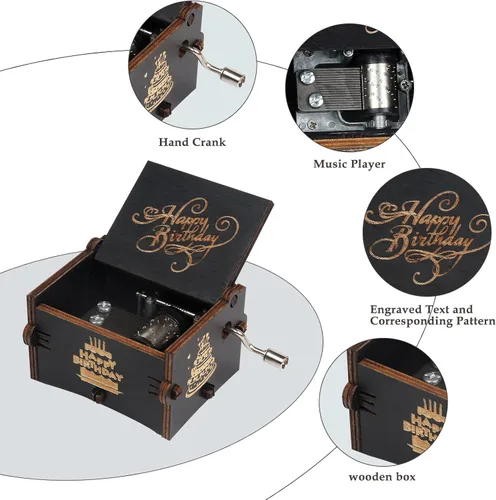 Vista 7 de Caja de música de feliz cumpleaños, manivela de madera, instrumento musical grabado con melodía, regalos para mamá, papá, hija, hijo, esposa, esposo