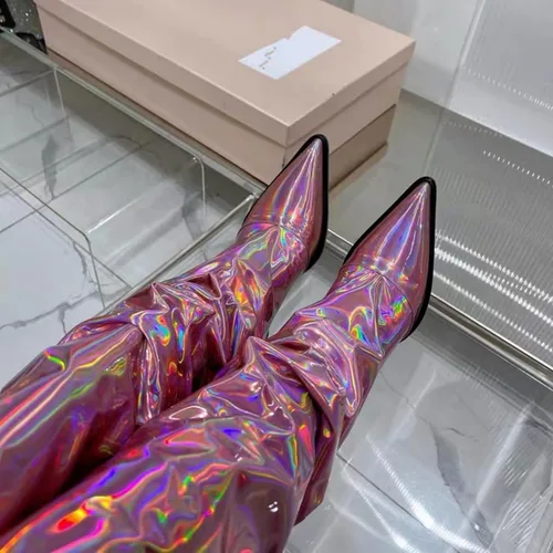Vista 9 de Vertundy Botas altas hasta la rodilla metálicas con punta puntiaguda para mujer, botas altas de tacón alto de charol plisadas, botas largas plisadas