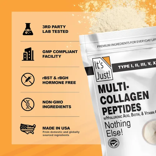 Vista 4 de It's Just! - Péptidos de colágeno múltiple (tipos I, II, III, V, X) con vitamina C, biotina, ácido hialurónico, sin sabor añadido, probado