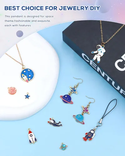 Vista 4 de Abalorio con temática espacial, chapado en oro, surtido de esmalte mixto de astronauta Júpiter, cohete, planeta, celestial, colgante para bricolaje
