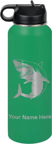 Vista 59 de LaserGram Botella de agua personalizada, gran tiburón blanco, acero inoxidable de doble pared aislada al vacío con popote superior, regalo grabado