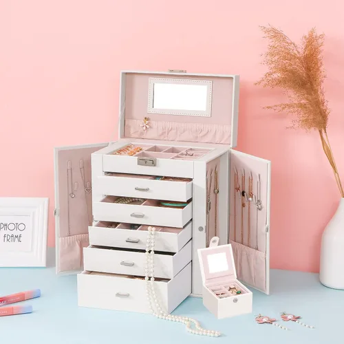 Vista 2 de ANWBROAD Enorme caja de joyería de 6 niveles organizador de joyas con cerradura de espejo caja de joyería para niñas aretes anillos collares