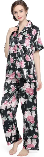 Vista 2 de Lavenderi - Conjunto de pijama de satén de manga corta para mujer