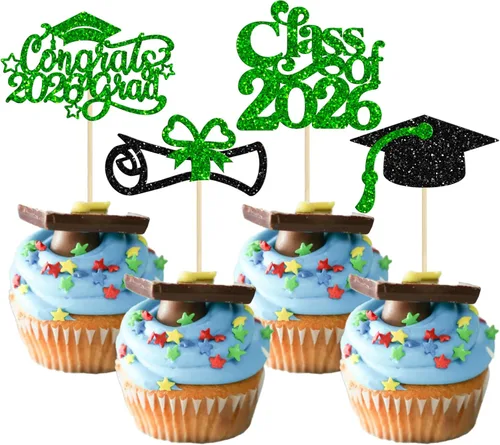 Vista 41 de Gyufise 24 piezas de decoración para cupcakes con purpurina para graduación 2026, decoración de pasteles para graduación 2026, decoración de Negro