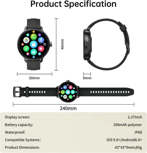 Vista 9 de Reloj inteligente para hombres y mujeres (responder/hacer llamadas), reloj inteligente con voz AI incorporada, pantalla HD de 1.27" con monitor