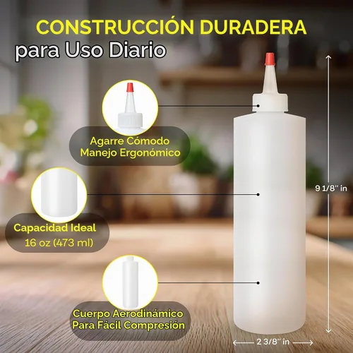 Vista 3 de BRIGHTFROM Botellas vacías de 16 onzas, paquete de 2 recipientes para chorro con parte superior roja, sin BPA para condimentos, jarabe, salsa