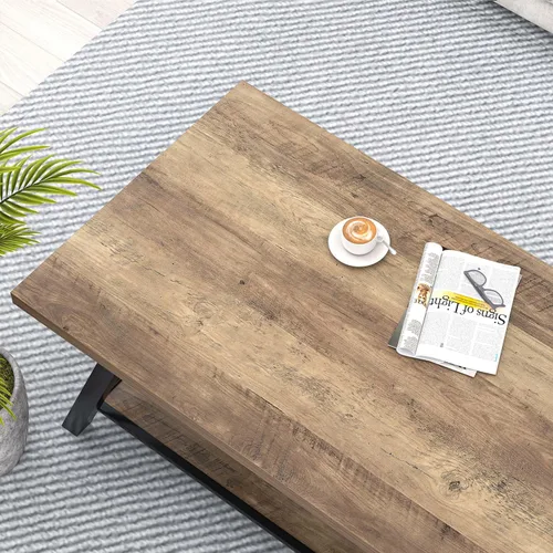 Vista 4 de EXCEFUR Mesa de centro moderna, mesa central rectangular para sala de estar con estante de almacenamiento, mesa de té de cóctel industrial de madera