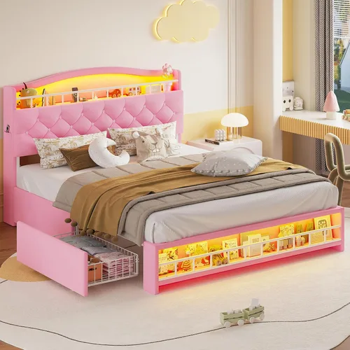 Vista 15 de HAUOMS Cama de princesa individual con luces LED y 4 cajones para niñas