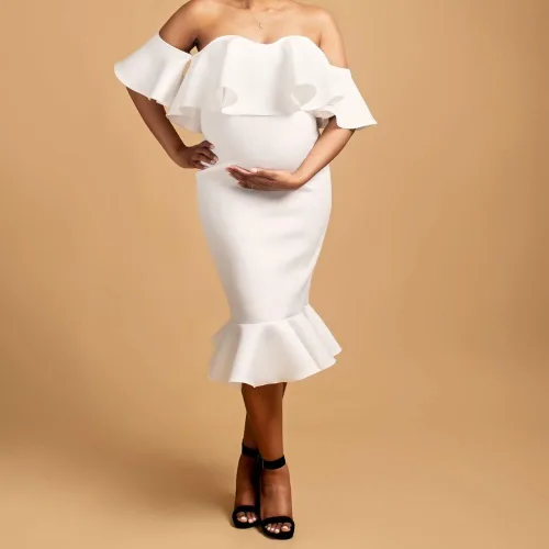 Vista 2 de Vestido de maternidad con volantes y hombros descubiertos para baby shower, manga corta, vestido de embarazo formal de sirena para mujer
