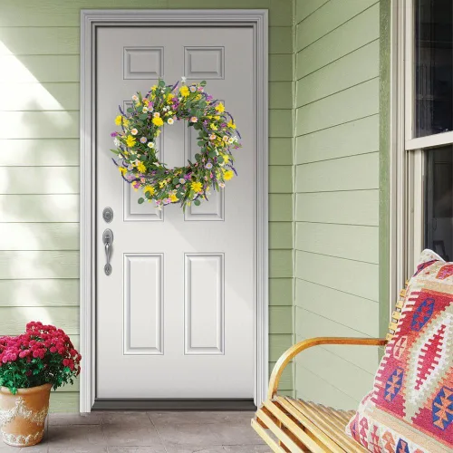 Vista 4 de LLZLL Decoraciones de primavera para el hogar, corona de primavera de 22 pulgadas, coronas artificiales de verano con hojas de eucalipto, lavanda