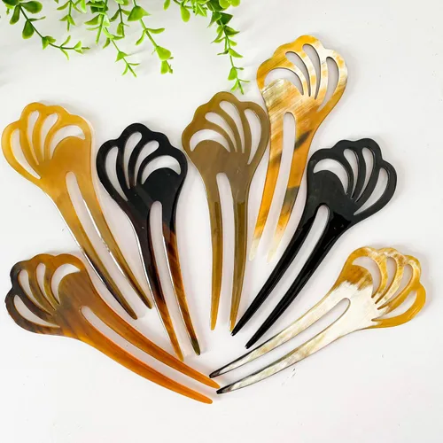 Vista 6 de Palillos para el pelo largo, palillo alisador de pelo natural de cuerno de búfalo, alfiler de 5.5 pulgadas, regalo para la madre, 1 unidad, flor
