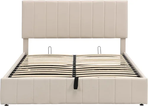 Vista 4 de Harper & Bright Designs Cama de plataforma tapizada tamaño Queen con cabecero con respaldo de alas y soporte de listones de madera, color beige