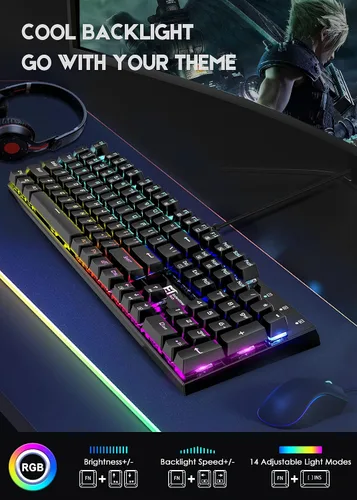 Vista 3 de Mechanical Gaming KeyboardWired 104 Keys RGB Keyboard with Blue Switch Programmable RGB Backlit for Windows Gaming PC