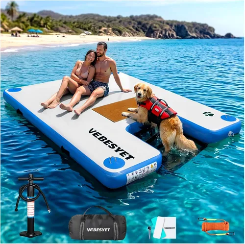 Vista 11 de Muelle inflable con rampa de agua, muelle flotante inflable antideslizante de 6 pulgadas de grosor para perros y adultos, plataforma flotante