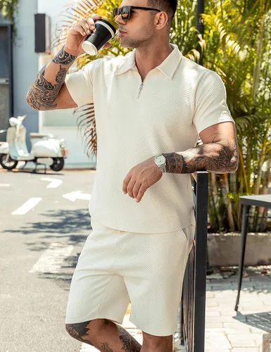 Vista 3 de URRU Conjunto de camisa polo y pantalones cortos para hombre, trajes de verano a la moda, casual, de manga corta, traje de polo para hombre