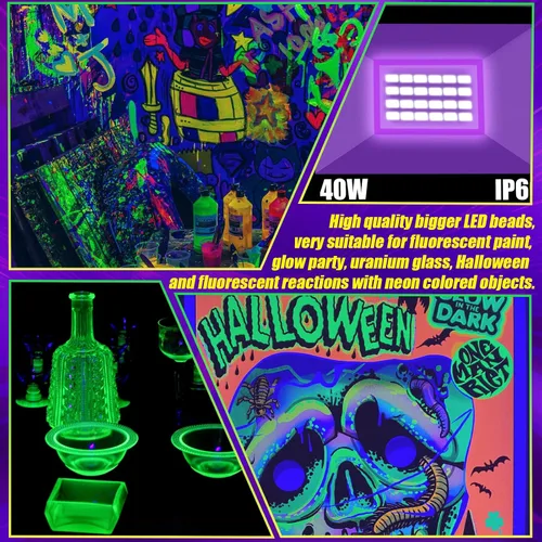 Vista 6 de Luz negra de 40 W IP66 impermeable para exteriores con cable de 6 pies + enchufe + interruptor, reflector de luz negra para Halloween, neón que