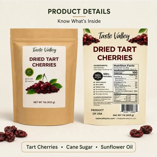 Vista 2 de Taste Valley Cerezas ácidas secas – 100% naturales sin OMG sin gluten – Sin conservantes artificiales – Cerezas Montmorency prémium para aperitivos