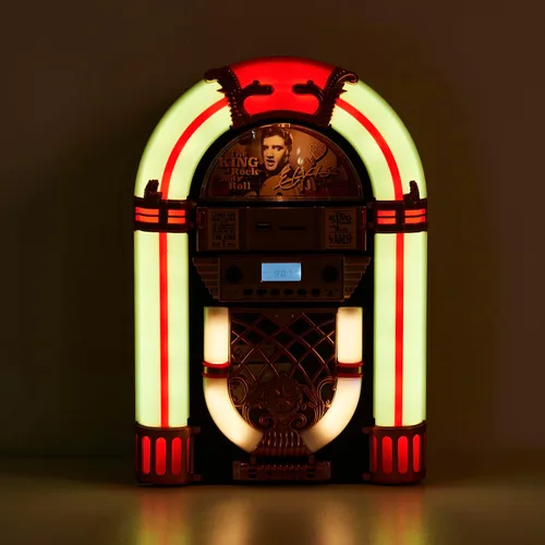 Vista 6 de Athena - Mini Jukebox/reproductor de CD de mesa, altavoz Bluetooth, radio/reproductor de tarjetas USB y SD con sistema de iluminación LED retro