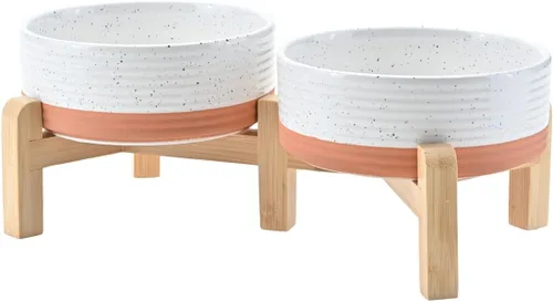 Vista 40 de SPUNKYJUNKY Cuencos elevados de cerámica para perros, 5.1 pulgadas, para comida de perros y gatos, cuencos elevados con soporte de bambú Verde oscuro