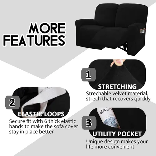 Vista 4 de ULTICOR Funda reclinable para sofá biplaza, 48 a 65 pulgadas de largo, 6 fundas de sofá reclinable elásticas de terciopelo para sofá biplaza de 2