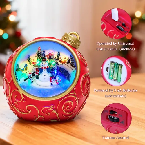 Vista 2 de Figuras musicales animadas de pueblo navideño de 6.3 pulgadas con muñeco de nieve giratorio de esquí y luces, temporizador automático de 6 horas