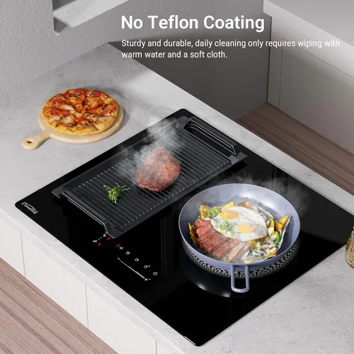 Vista 2 de Sartén para plancha, placa caliente de hierro fundido, parrilla rectangular, 2 asas con superficie acanalada para cocina eléctrica de inducción, 16