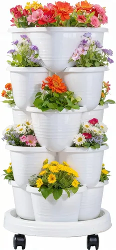 Vista 13 de VECELO Macetero vertical de 5 niveles, apilables, con ruedas para fresas, hierbas, flores, verduras, color negro