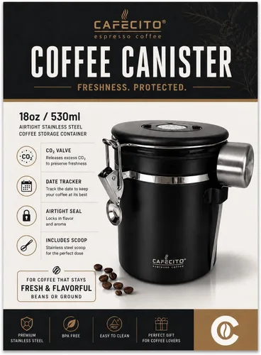 Vista 7 de CAFECITO® - Recipiente de café hermético de acero inoxidable de 18 onzas con válvula de CO₂, rastreador de fecha y cucharada, almacenamiento de café