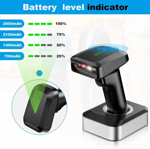Vista 2 de Alacrity Escáner de código de barras inalámbrico QR 2D con base de carga e indicador de nivel de batería Bluetooth y 2.4 GHz inalámbrico y USB