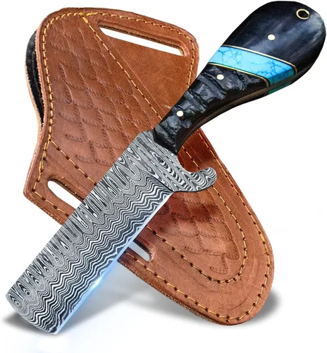 Vista 8 de Cuchillo de caza de Damasco hecho a mano, cuchillo de hoja fija de 8 pulgadas con funda, cuchillo de vaquero de espiga completa, cuchillo de Multi