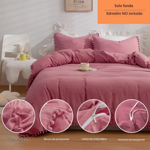 Vista 2 de IHOUSTRIY Funda de edredón para niños, tamaño individual, 100% microfibra lavada, juego de funda de edredón de 2 piezas para niña, con pompones