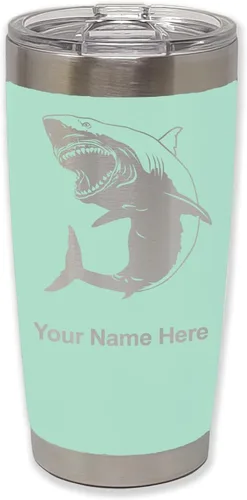 Vista 35 de LaserGram Vaso aislado al vacío de 20 onzas, gran tiburón blanco, grabado personalizado incluido (negro)