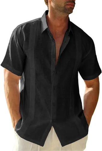 Vista 12 de Ryannology Camisas guayabera de lino de manga corta con botones para hombre, estilo casual, playa, campamento cubano, camisa mexicana para hombre