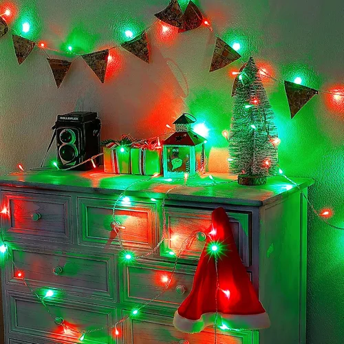 Vista 7 de Hopolon - Luces de Navidad para interiores y exteriores, luces de 100 LED rojas y verdes, 33 pies de luces de hadas centelleantes impermeables