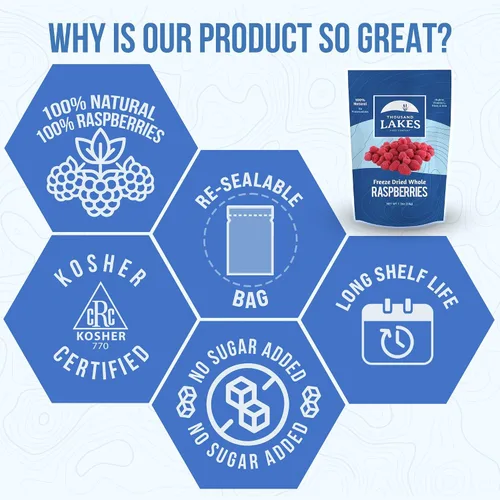 Vista 4 de Frambuesas enteras liofilizadas - 1.2 oz Marca Thousand Lakes 100% Raspberries, Premium Quality, Crunchy, Naturally Tangy, High in Vitamin C