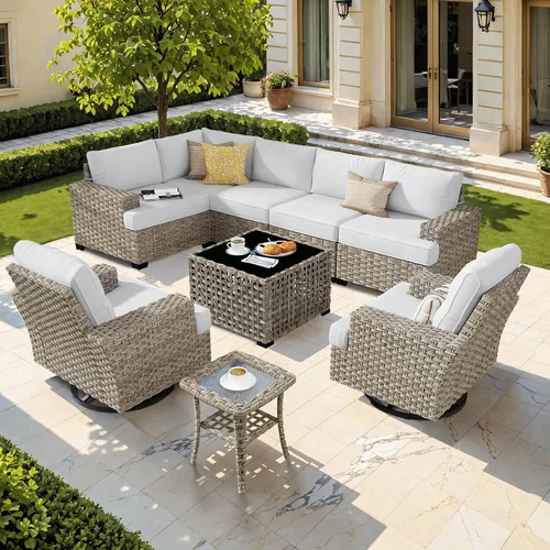 Vista 11 de HOOOWOOO Juego de Muebles Seccionales para Patio al Aire Libre, 6 Piezas Juegos de Conversación de Mimbre Sofá en Forma de L, Sofá Extra Profundo