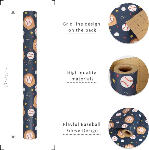 Vista 6 de BIOBROWN Papel de regalo de estraza de béisbol para niños, 17 pulgadas x 33 pies (47 pies cuadrados total) – Papel de regalo deportivo con diseño